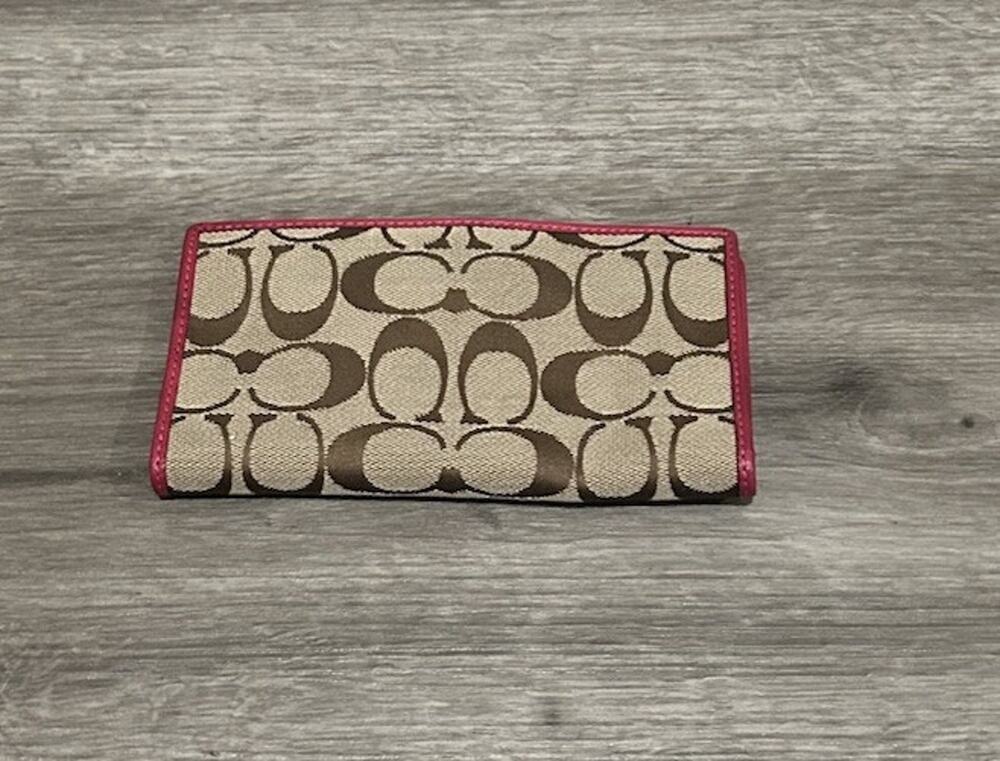 Coach Signature Canvas Checkbook Wallet Khaki Brown Pink Leather